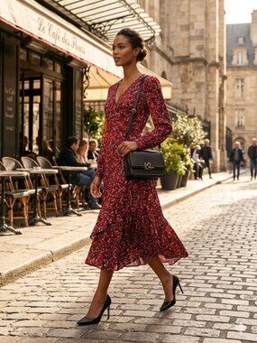 Karl Lagerfeld Paris Red Floral Long Sleeve Midi Wrap Dress Size 4 NWOT